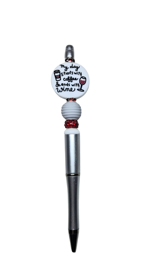 'My Day Starts With Coffee & Ends With Wine' Silver Novelty Pen