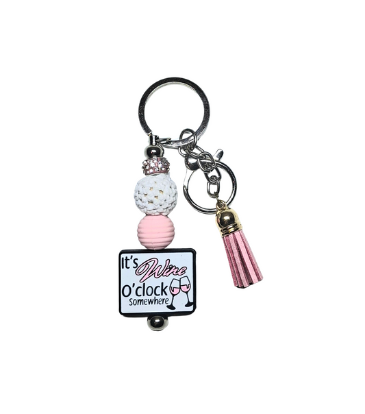 'It's Wine O'clock Somewhere' Pink Keyring